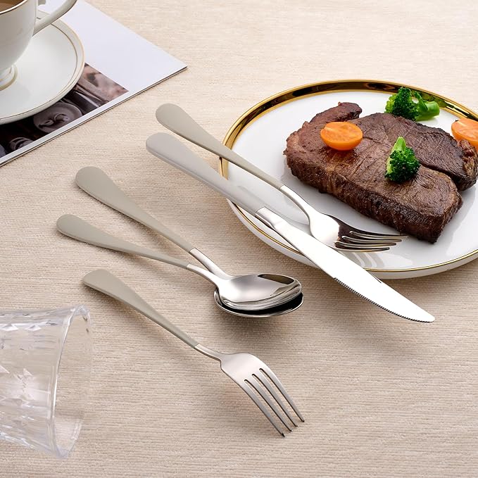 20-Piece Off white Silverware Set 18/0 Stainless Steel Silverware Set Off white Handle Cutlery Set Service for 4 Dinner Knives Forks Spoons Set Flatware Set Finish Dishwasher Safe