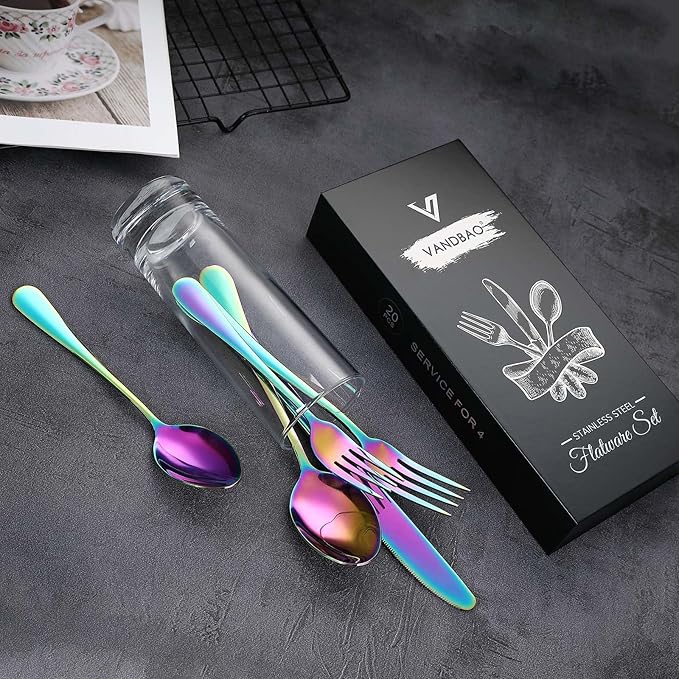 VANDBAO Rainbow Flatware Cutlery Silverware Set 20 Pieces, Stainless Steel Colorful Utensils, Tableware Set Service for 4, Include Knife/Fork/Spoon, Reusable, Mirror Polished, Dishwasher Safe