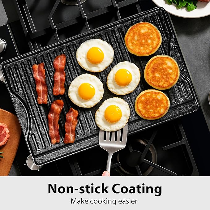 Utheer Nonstick Reversible Cast Iron Griddle 16.5" x 10.5", Ceramic Cooking Surface, Flat & Ribbed Sides, with High Sides & Grease Trap, Stovetop Griddle for Gas Grill, Charcoal, Oven & Outdoor BBQ