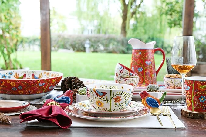 Bico Red Spring Bird Cereal Bowls Set of 4, 26 oz Deep Ceramic Soup Bowls for Cereal, Salad, Noodles, Kitchen, Microwave and Dishwasher Safe, Gift for Housewarming and Thanksgiving