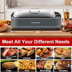 Techwood Indoor Grill Smokeless Grill, 1500W Indoor Korean BBQ Electric Tabletop Grill with Tempered Glass Lid, Removable Grill and Griddle Plates with Drip Tray, Gray