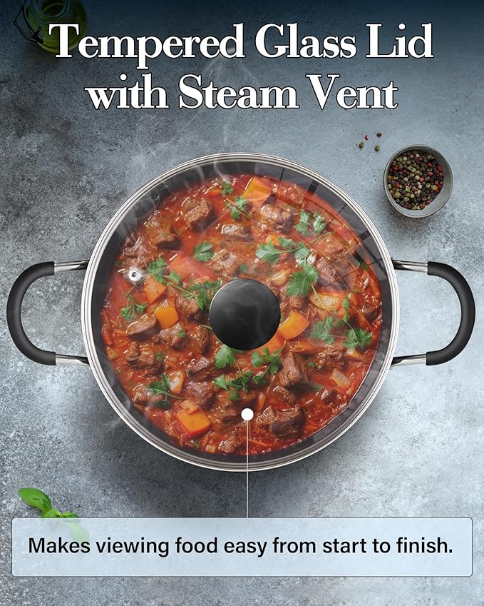 Cook N Home Nonstick Stockpot with Lid 10.5-QT, Professional Deep Cooking Pot Canning Cookware Stock Pot with Glass Lid, Marble Red