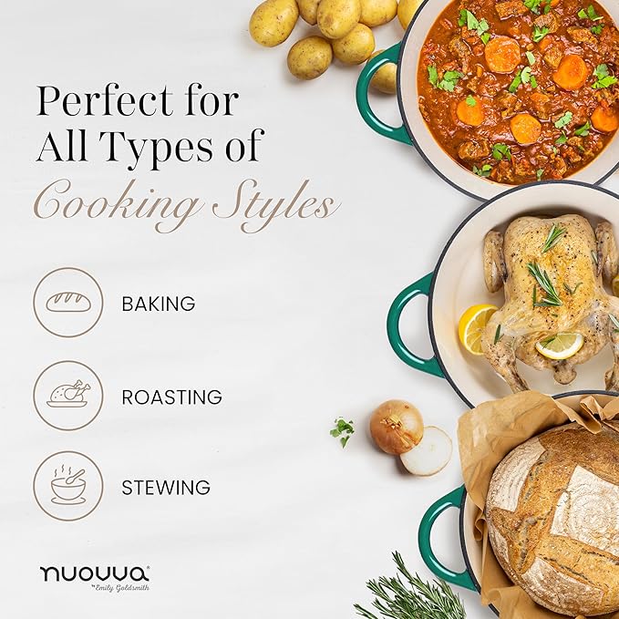 Nuovva Enamelled Cast Iron Dutch Oven Pot with Lid – 6.4 Quart Non Stick Casserole Pot – Heavy Duty & Oven Safe up to 500° F for Bread Baking, Braising, Stews, Roasting – 28cm Dark Green