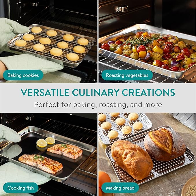 Navaris Quarter Sheet Baking Pan Breading Trays w Racks - Stainless Steel Baking Sheet with Wire Rack Insert for Oven Cooking - Cookie Bacon Tray - Set of 4 12.2X 9.4” (31x24cm)