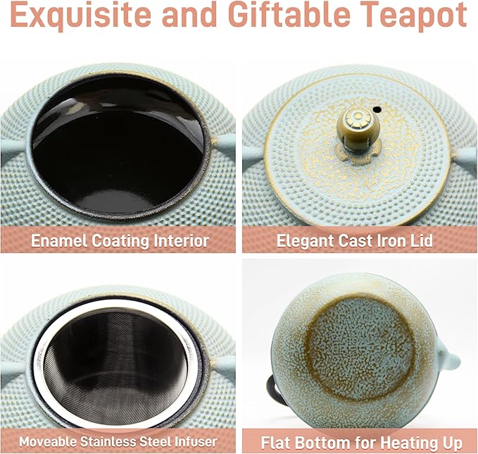 30.4oz Small Cast Iron Teapot, Tea Kettle for Stovetop Safe, Tea Pot with Stainless Steel Infuser for Loose Tea, Japanese Tetsubin Coated with Enameled Interior(900ml)