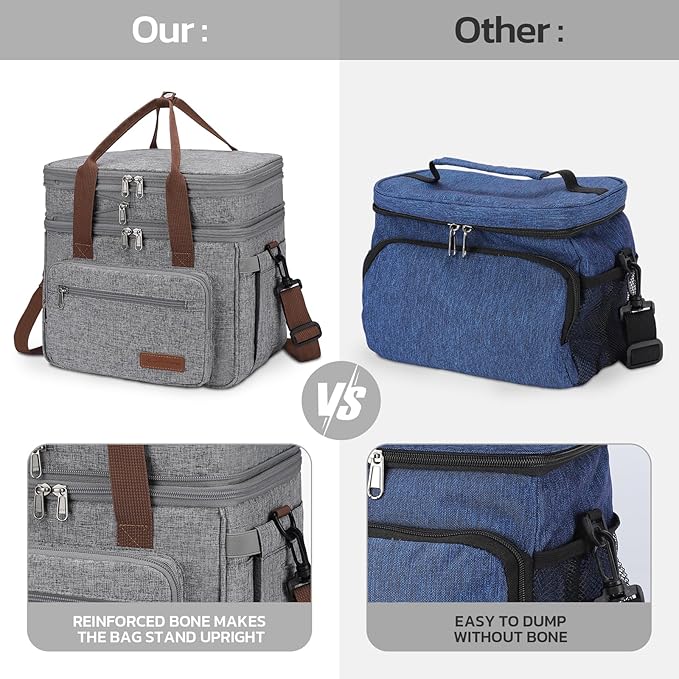 Maelstrom 23L Insulated Lunch Box For Men Women,Expandable Double Deck Lunch Cooler Bag,Lightweight Leakproof Tote Bag With Side Tissue Pocket,Gray