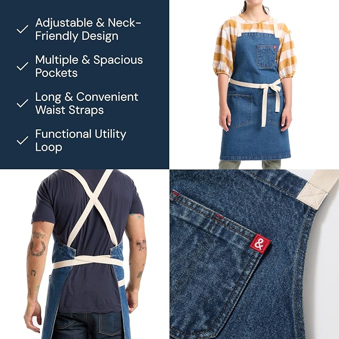 hedley & bennett Crossback Apron - Crossback Chef Apron with Pockets - 100% Cotton Denim, 8oz - Georgia Blue
