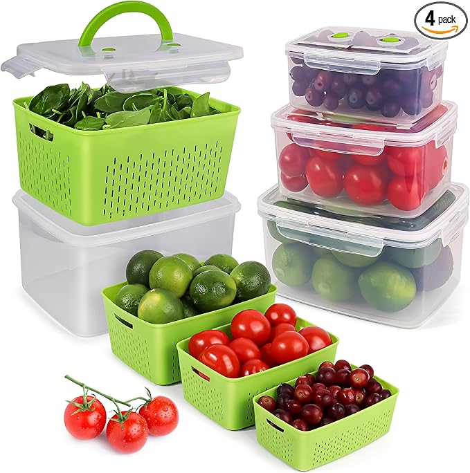 Fruit Storage Containers for Fridge - Keep Fruit & Veggie Fresh Longer - Rinse & Store Produce with Strainer - Berry/Vegetable Stackable Organizer - BPA-Free, Dishwasher Safe