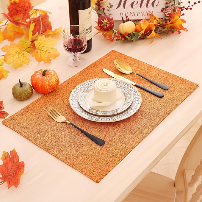 Homaxy Cloths Placemats for Dining Table Set of 8, Heat Resistant Washable Cotton Linen Blend Table Mats, Ideal for Kitchen Party Dining Decoration, 13" x 19", Orange