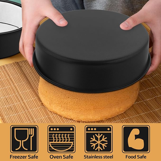 E-far 9.5 Inch Cake Pans Set of 2, Nonstick Stainless Steel Small Round Baking Pans with Parchment Paper & Side Liner Roll, Stainless Steel Core & Non-toxic Coating, Straight Side & 2 Inch Deep