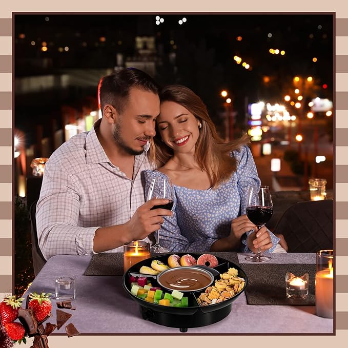 Lallisa Electric Fondue Pot Set, Chocolate Fondue Kit, Electric Fondue Maker, detachable Serving Trays with 4 Roasting Forks, gift Set for Date Night House Warming Melting Parties(Black)