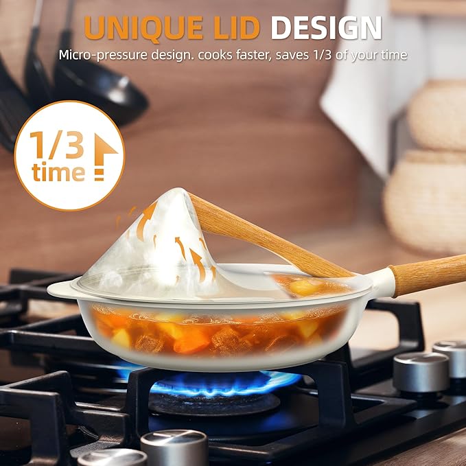 Nonstick Skillet with Lid ,10 Inch Deep Frying Pan, Toxin-Free Ceramic Frying Pan Cookware, Wabi-Sabi Style Healthy Non Toxic Cooking Pan with Helper Handle, Saute Pan Compatible with All Stovetops