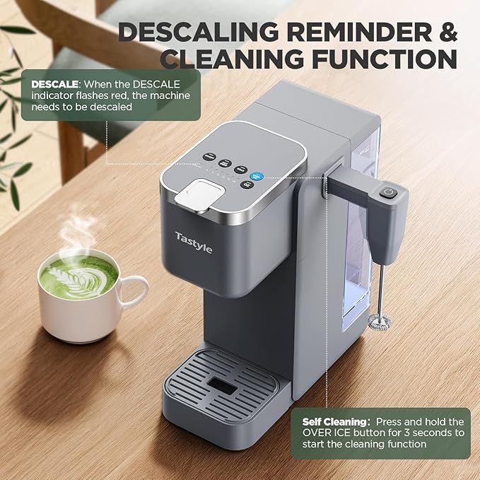 Single Serve Coffee Maker with Built-in Detachable Milk Frother, Iced and Hot Coffee Machine for K Cup & Grounds, 40oz Removable Water Reservoir, 6 Cup Sizes, Fits 7.3" Travel Mug, Gray