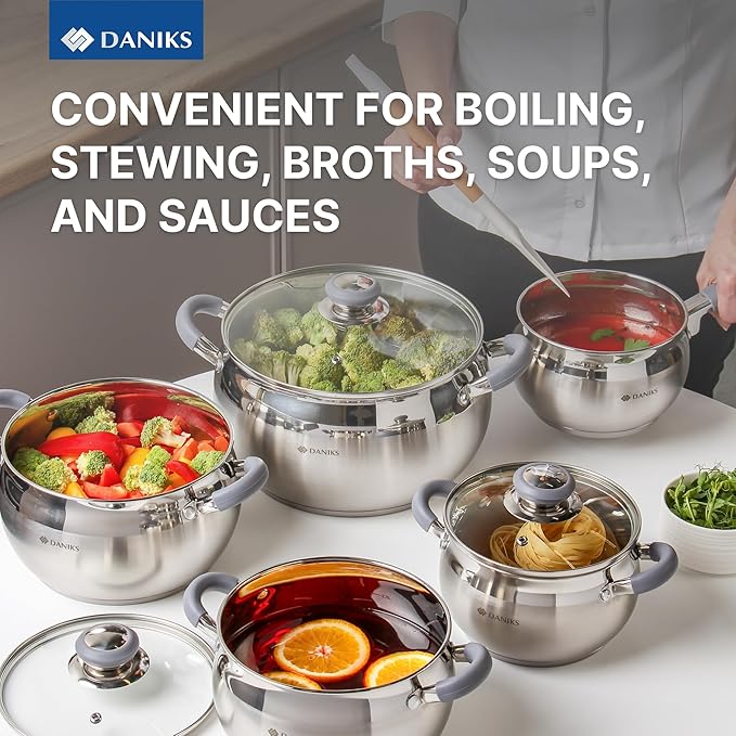 Daniks Modern 10-Piece Stainless Steel Cookware Set with Glass Lids, Includes Saucepan, Tri-Ply Bases for Even Heating, Induction Compatible, Dishwasher Safe, Heatproof Handles
