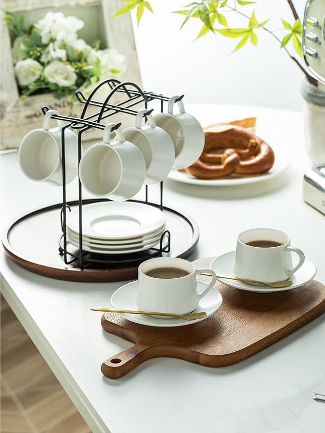 YHOSSEUN Espresso Cups Set with Saucers and Metal Stand Coffee Cup Set of 6 4 oz Cappuccino Cups Teacup for Tea Party - White
