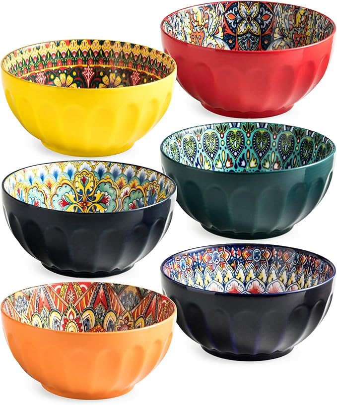 Cereal Bowls Set of 6, Bohemian Soup Bowls, 30 oz Colorful Ceramic Serving Bowls for Kitchen, Breakfast, Boho Decorative Bowl, Microwave Oven Safe Bowl for Salad, Pasta, Oatmeal