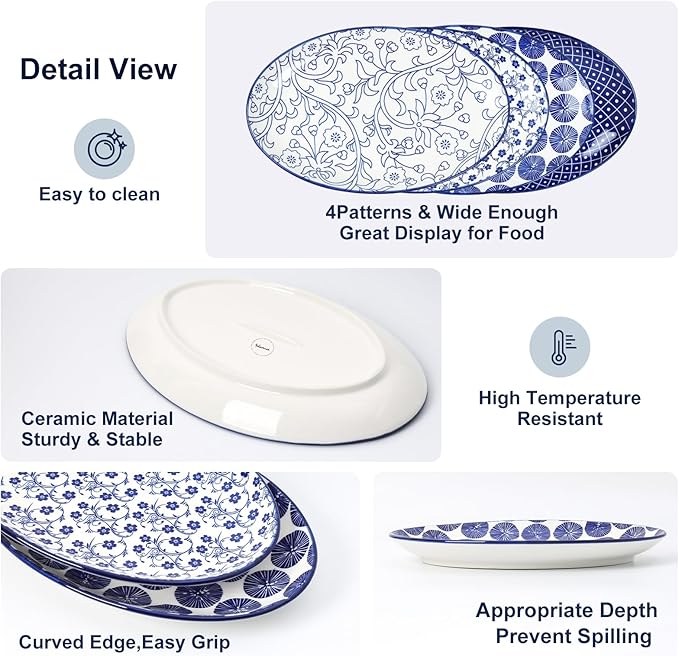 Selamica Serving Platters Ceramic, 12 Inch Serving Dishes for Party Entertaining, Oval Serving Plates for Sandwich, Appetizer, Fruit, Microwave Dishwasher Safe, Set of 4, Vintage Blue