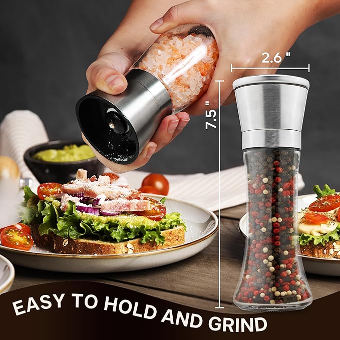 M JINEMEI Salt and Pepper Grinder Tall Size - Black Pepper, Herb Shakers Mill Refillable Manual - Stainless Steel Lid - Adjustable Coarseness - Glass Material- Fits in Home, Kitchen, Barbecue