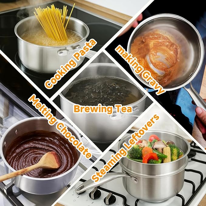 Stainless Steel Small Brushed Saucepan With Lid, Induction Cooking Sauce Pot Pans, 18/10Tri-Ply Heavy Bottom Saucier Cookware, Dishwasher Safe & Oven Safe (2.5QT)