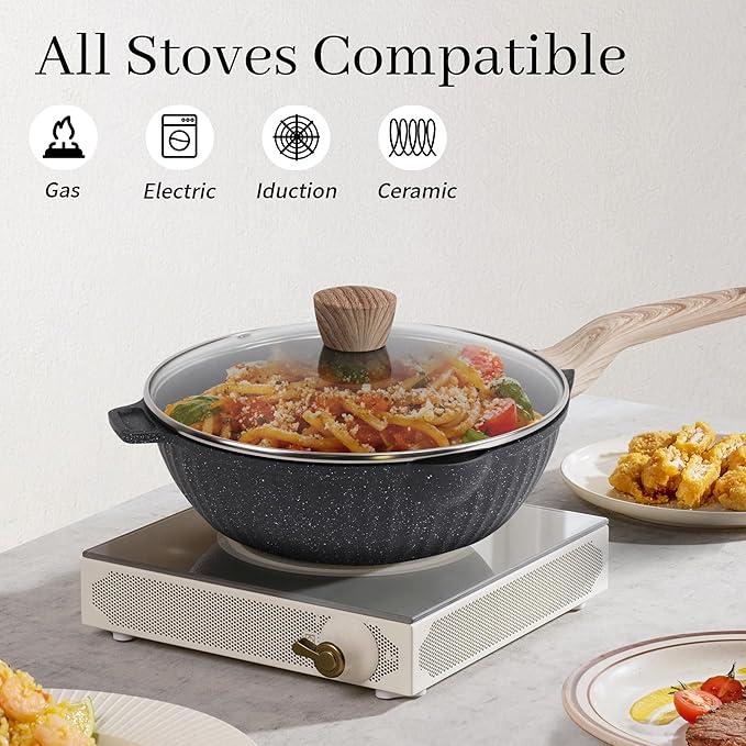 Pots and Pans Set Non Stick, 17Pcs Kitchen Cookware Sets, Granite Stone Induction Cookware Non Stick Cooking Set w/Frying Pans, Saucepans, Sauté Pan (PFOA Free), Black