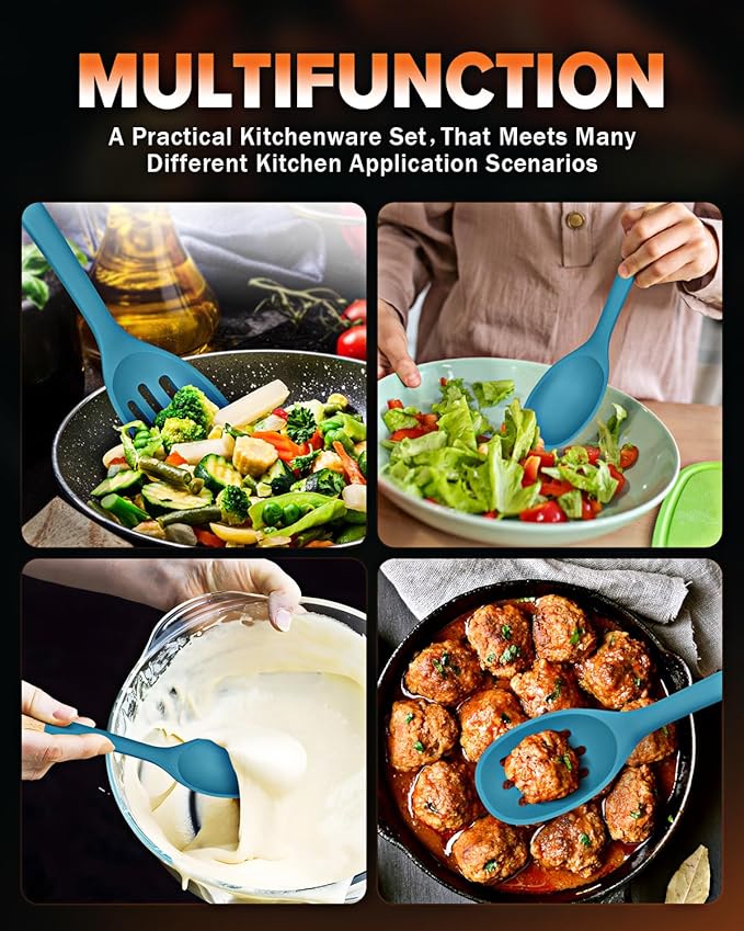 Silicone Cooking Spoons, Great for Scooping Sides and Serving Hearty Stews, BPA-Free Matte Silicone, Wooden Handle Serving Spoon for Nonstick Cooking Surfaces (Blue)