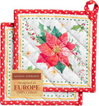 Maison d' Hermine Pot Holders Set 100% Cotton Heat Resistant Potholders 8" x 8" Hot Pads with Loop BBQ, Cooking, Baking, Grilling, Kitchen, Handling Hot Pans (Pack of 2, Poinsettia Christmas)
