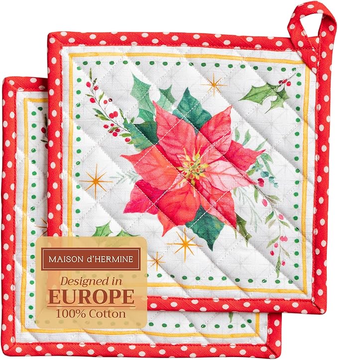 Maison d' Hermine Pot Holders Set 100% Cotton Heat Resistant Potholders 8" x 8" Hot Pads with Loop BBQ, Cooking, Baking, Grilling, Kitchen, Handling Hot Pans (Pack of 2, Poinsettia Christmas)