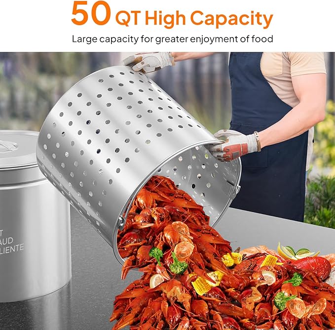 ROVSUN 50-Quart Stainless Steel Turkey Fryer & Seafood Boil Pot with Basket, Lid & Hook, Large Stock Pot for Outdoor Cooking of Turkey, Crawfish, Crab, Lobster & Shrimp