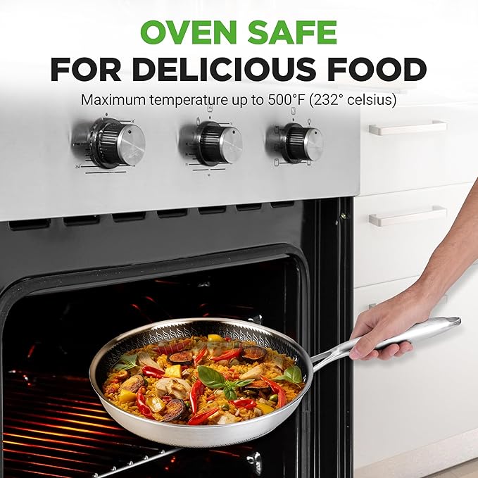 NutriChef 12" Stainless Steel Frying Pan with Lid- Triply Hybrid Large Skillet, Scratch-resistant Raised-up Honeycomb Fire Textured Pattern, Oven & DIshwasher Safe, NC3PL12