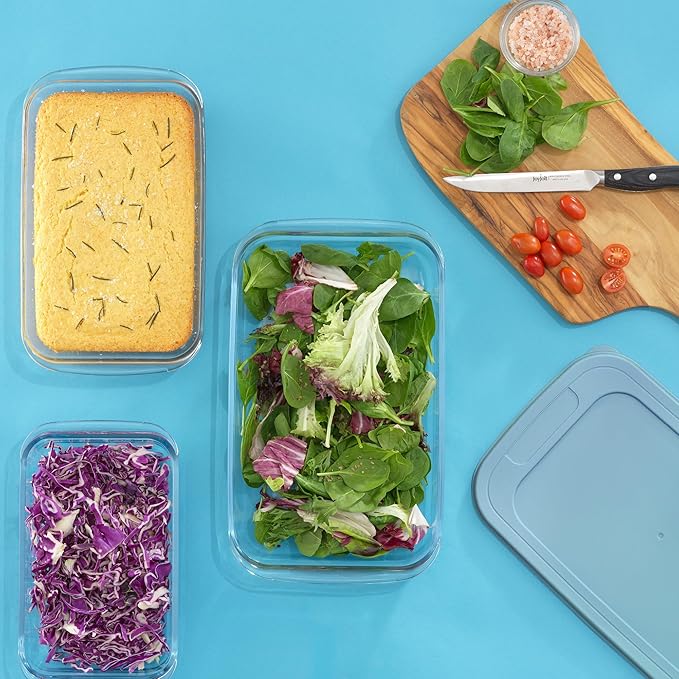 JoyJolt 8-Piece Borosilicate Glass Oven Dishes with Powder Blue Lids, Rectangle Deep Glass Baking Dish Set, Baking Pans for Lasagna Casserole Cake, Bakeware Set, Freezer to Oven Tray to Dishwasher