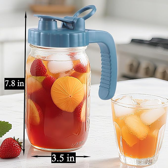 Mason Jar Pitcher 32 OZ With Pour Spout Lids 1 Quart Wide Mouth Water Pitcher Airtight And Leakproof Glass Carafe With Handle And Flip Cap For Milk, Iced Tea, Cold Brew Coffee, Juice, Infused Water