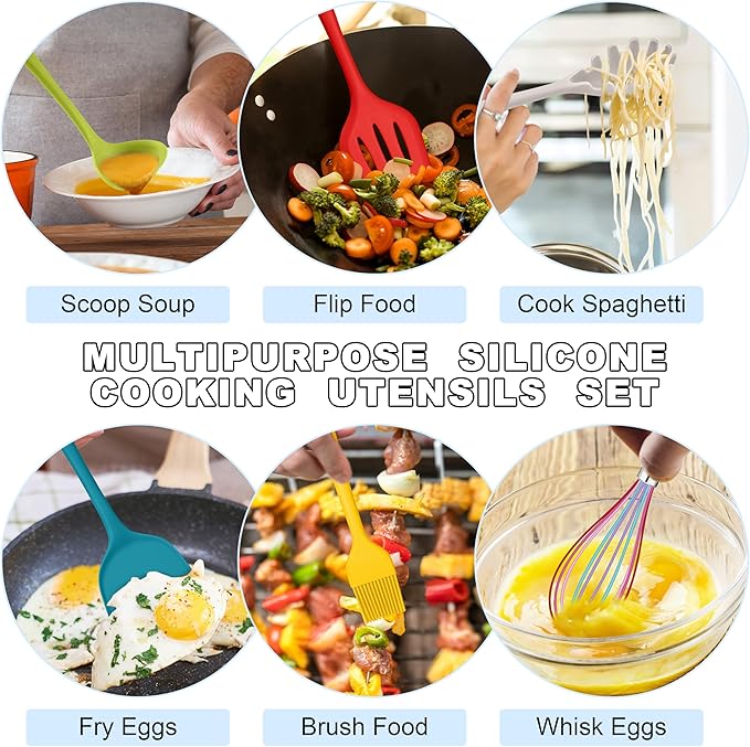 E-far Silicone Cooking Utensils Set, 24Pcs Heat Resistant Kitchen Utensil with Holder, Silicone Kitchen Tools with Spatula Turner Spoon Tongs Whisk, Non-Toxic & Dishwasher Safe (Colorful)