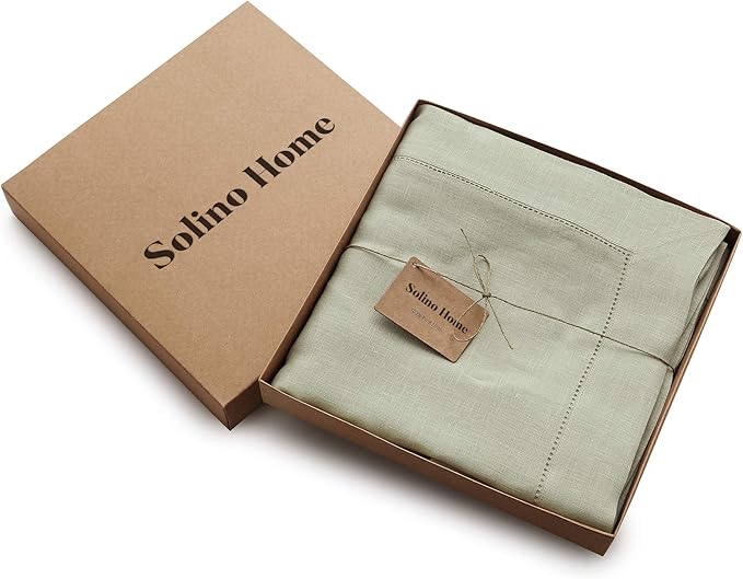 Solino Home Linen Tablecloth 60 x 108 Inch - Classic Hemstitch 100% Pure Linen Sage Green Table Cloth for Rectangle Tables - Machine Washable Tablecloth for Summer, Fall, Autumn