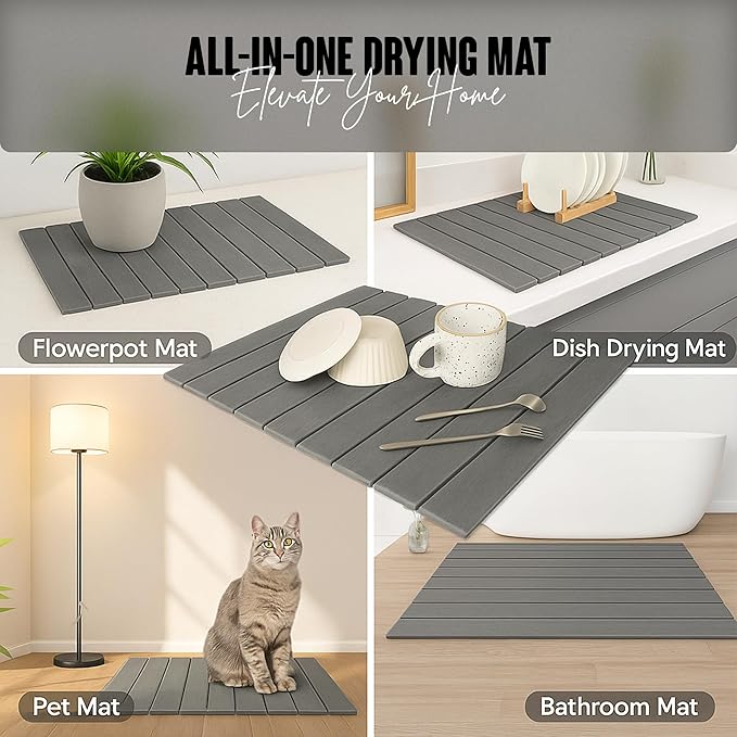 Large Stone Dish Drying Mat for Kitchen Counter, Instant Drying Pad, Super Absorbent Foldable Dish Drying Mat, 24"×16", Dark Gray