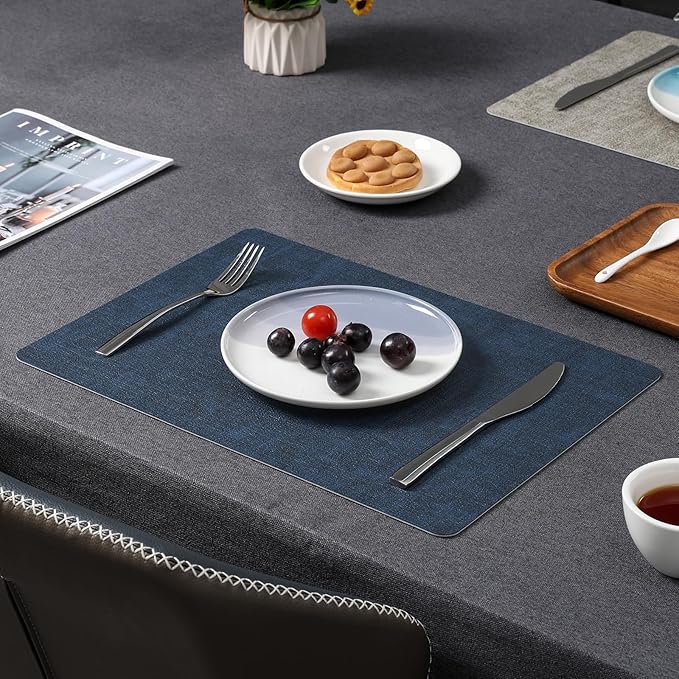 Myir JUN Placemats Dual Sided, Faux Leather Place Mats Set of 4 Indoor Placemats for Dining Table Outdoor Placemats Manteles Individuales Square Non-Slip Washable Table Mats (Gray Blue, Set of 4)