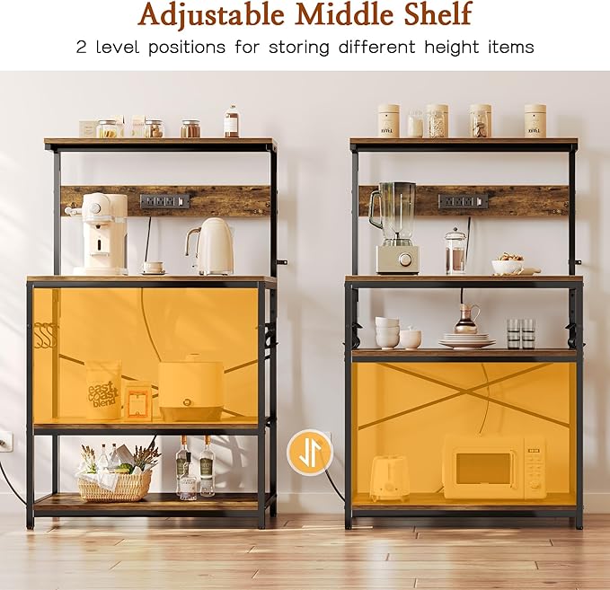 SUPERJARE Bakers Rack with Power Outlets, Microwave Stand, 31.5 X 16.5 Inch Larger Desktop, Kitchen Storage Rack with Adjustable Middle Shelf, 6 S-Shaped Hooks, Coffee Bar Stand, Rustic Brown