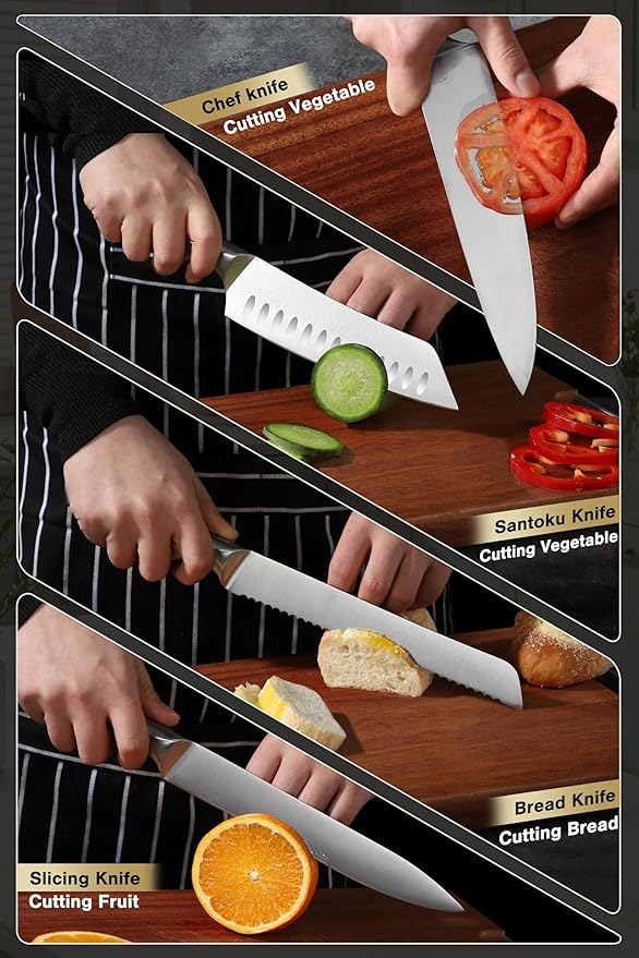 ROCOCO Kitchen Block Knife Set - 15 PCS Stainless Steel Knife Set with Block and Sharpener Dishwasher Safe Father Mother Birthday Christmas Gift