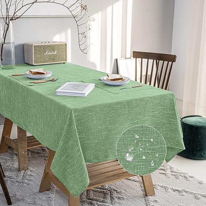 Waterproof Cotton Linen Thick Tablecloths Rectangle Dining Table Cloth, Wipe Clean Indoor & Outdoor Table Cover for Kitchen Party and Banquets, Wrinkle Resistant（54"x102"） Grass Green