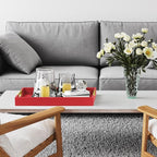 17" x 12" Wood Serving Tray with Gold Polished Metal Handles, Home Decorative Wooden Rectangle Ottoman Leather Decor Platter Bathroom Vanity Tray for All Occasions Red