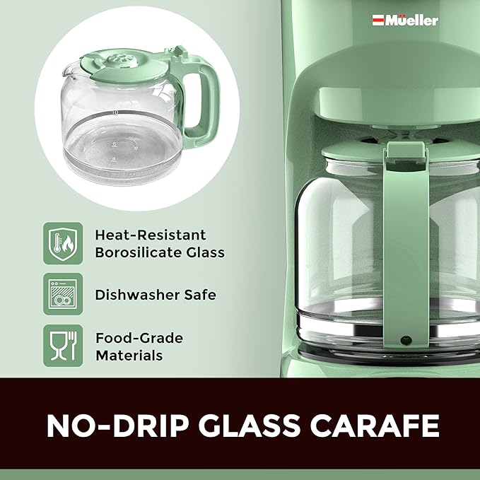 MUELLER HOME 12-Cup Drip Green Coffee Maker, Borosilicate Carafe, Auto-Off, Reusable Filter, Anti-Drip, Keep-Warm Function, Clear Water Level Window, Green Kitchen Accessories & Décor