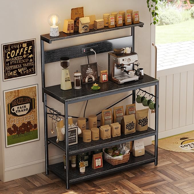 SUPERJARE Bakers Rack with Power Outlets, Microwave Stand, 39.4 X 14.3 Inch Larger Desktop, Kitchen Storage Rack with Adjustable Middle Shelf, 6 S-Shaped Hooks, Coffee Bar Stand, Black