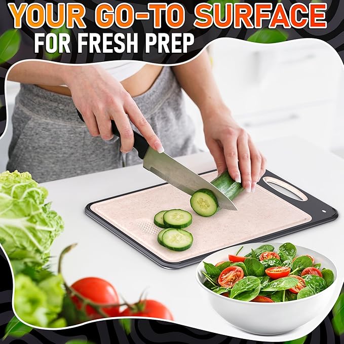 Stainless Steel Cutting Board 16x11 – 304 Stainless Steel Cutting Boards for Kitchen | Easy Grip Handle, Easy to Clean – Double Sided with PP Wheat Straw for Raw Meat, Chopping Fruits & Vegetables