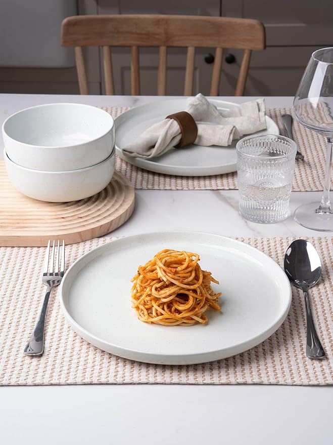 famiware Milkyway Dinner Plates, 10.24 inch Dessert Plates for 6, Stoneware Dish Set for Kitchen, Speckled Handmade Ceramic Plates, Microwave and Dishwasher Safe, White with Speckled