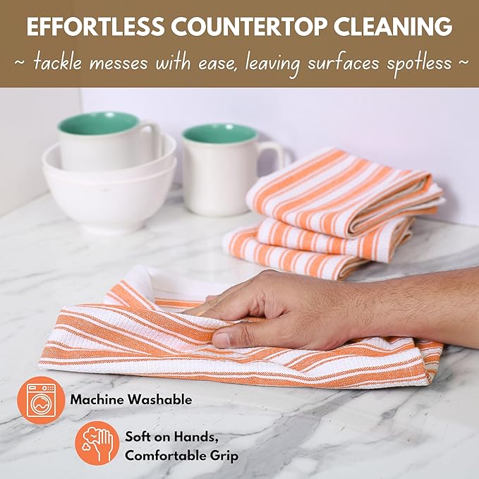 Native Fab Stripe Kitchen Towels - 4 Pack - Basket Weave 100% Cotton Dish Towel - 16x26 inches - Absorbent Towels for Cleaning, Quick Drying, Washable Dish Cloths with Hanging Loop - Orange White