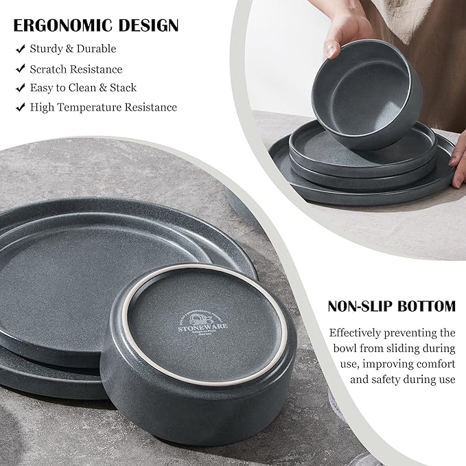 E-far Stoneware Dinnerware Sets for 4, 12-Piece Reactive Glaze Plates and Bowls Sets, Kitchen Ceramic Dishes Dinning Ware, Microwave & Dishwasher Safe, Deep Gray