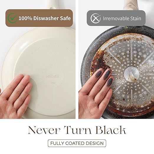 PRICUSIS Nonstick Ceramic Frying Pan, 8/10 Inch Skillet with Stay Cool Handle, Fully Coated, Induction Compatible & Oven Safe, 100% Dishwasher Safe, PTFE PFAS & PFOA Free（8 Inch, Coconut White）