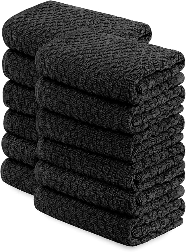 Super Absorbent Kitchen Towels 12 Pack - Premium 100% Cotton Kitchen Towels, 450GSM Thick Machine Washable Black Dish Towels for Kitchen Drying, Cleaning, Dobby Weave, Unmatched Quality