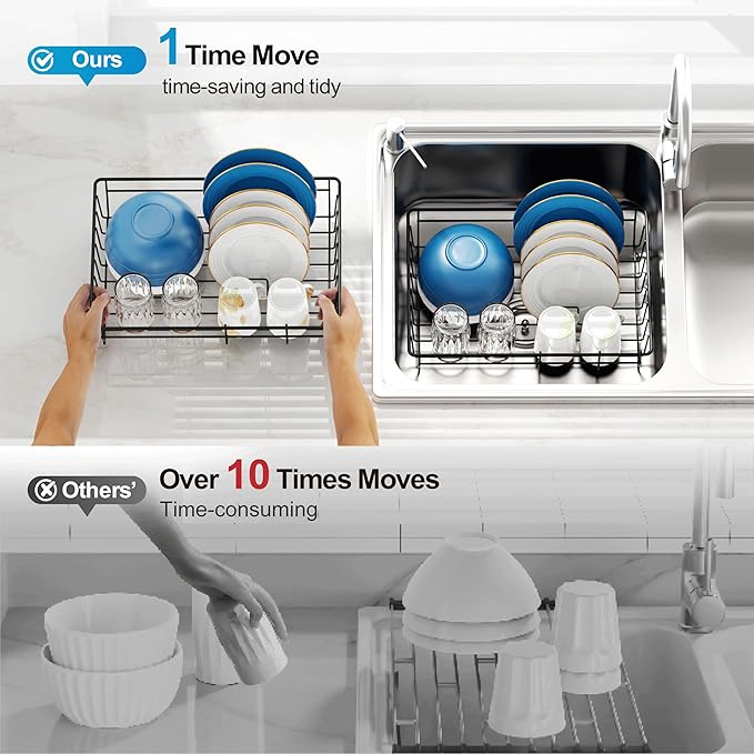 GSlife Small Dish Drying Rack - Dish Racks for RV Small Kitchen Counter, Space-Saving Dish Drainer with Drainboard, Utensil Holder, Dish Holder for Sink, 15" D x 10" L, Black