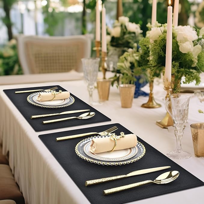 Black Cloth Placemats Set of 6 - Double Thickened Easy to Clean Linen Style Fabric Placemats - Machine Washable Placemats- Heat Resistant Non-Slip Table Mats - 18x12 Inch (Black, 6)