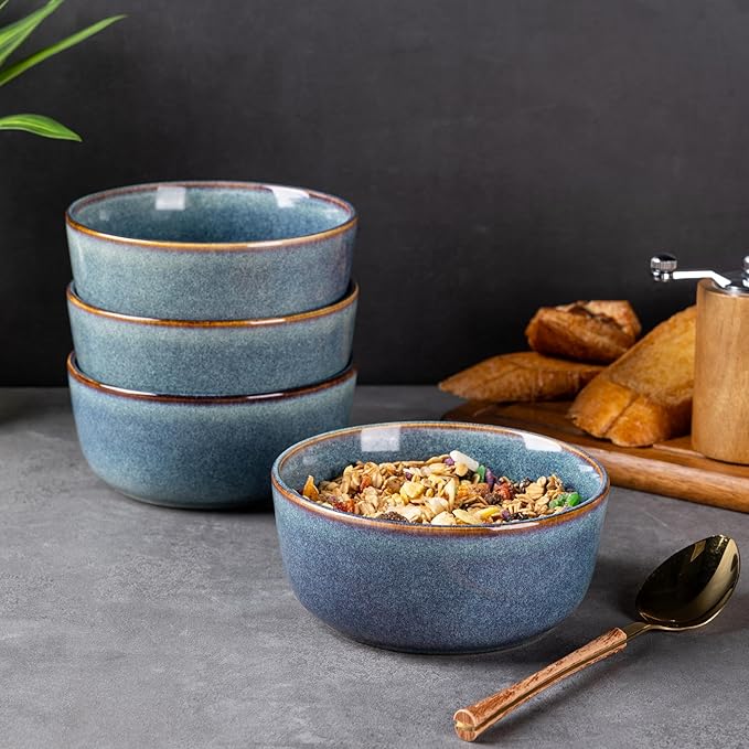 AmorArc Cereal Bowls Set of 6 for Kitchen, 26oz Stoneware Soup Bowls Set for Cereal Soup Meal, Dishwasher &Microwave Safe, Ceylon Blue